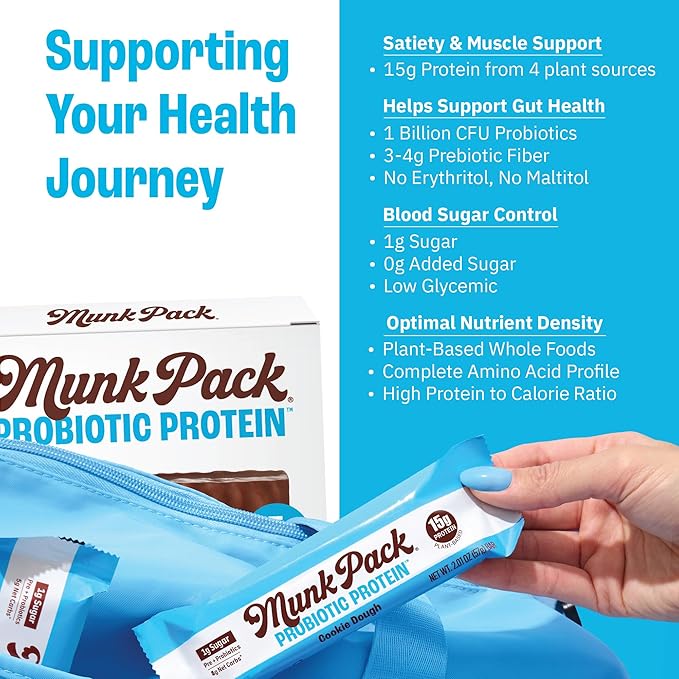 Munk Pack Cookie Dough Probiotic Keto Protein Bars Stocking Stuffers | 15g Protein, 1g Sugar, 4g Net Carbs | Plant-Based, Low Sugar, Gut Health Snacks, Gluten-Free, Non-GMO | 12 Count