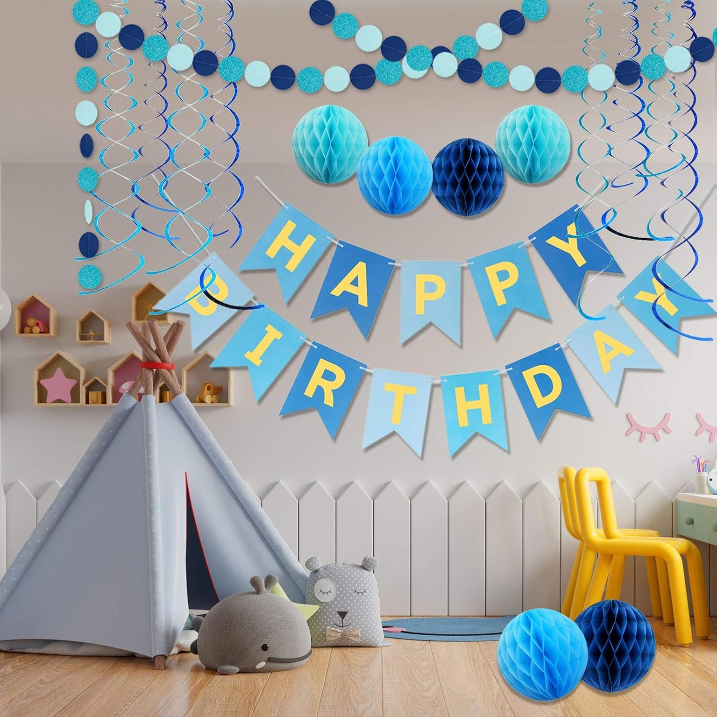 Blue Birthday Decorations with Happy Birthday Banner, Paper Honeycomb Balls, Circle Garland and Hanging Swirl Decorations, Birthday Party Decorations