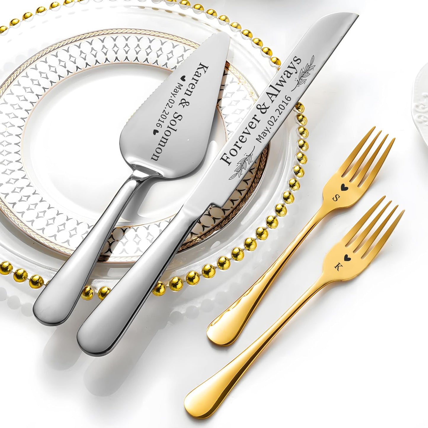 Personalized Wedding Cake Knife and Server Set, Custom Cake Cutting Set for Wedding, Silver Cake Knife Set Stainless Steel, Customized Gifts for Weddings, Engagements, Anniversaries, Birthday(Silver)