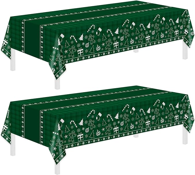 Childom 2 Pack Christmas Tablecloth Disposable,Christmas Decorations,54 x 108 Inch,Plastic Tablecloths for Rectangle Tables,Green Themed Checkered Table Covers for Xmas,Indoor,Outdoor,Birthday,Parties