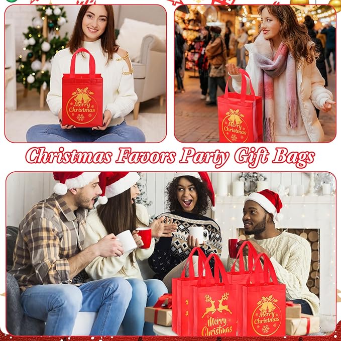 Wesnoy 48 Pcs Christmas Gift Bags Bulk 10 x 8 x 4 Inch Red Gold Goodies Bags Reusable Non Woven Christmas Party Favors Candy Treat Totes with Handles for Holiday Gift Birthday Party Supplies