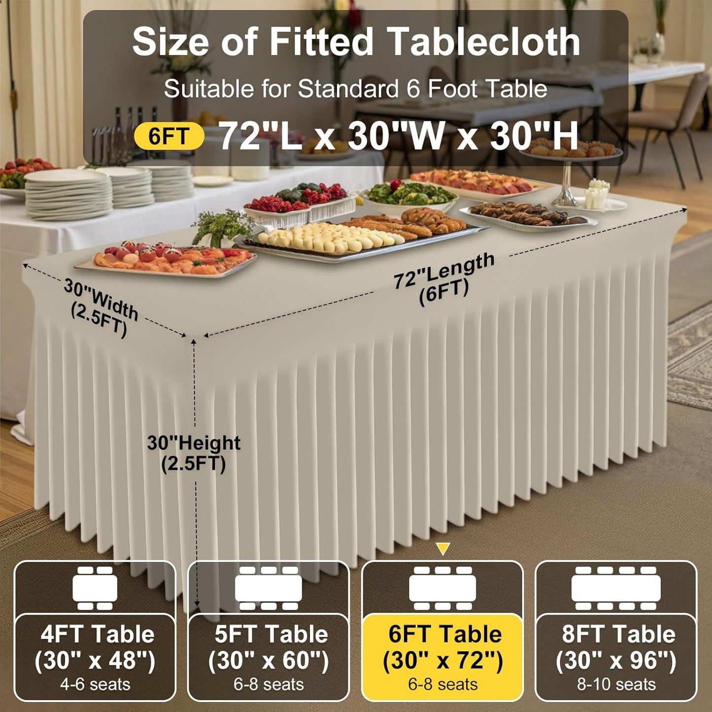 Smiry Spandex Tablecloth 2 Pack, Elastic Fitted Stretch Tablecloth for 6FT Rectangle Tables, Waterproof Washable Table Cover Skirt for Outdoor, Wedding, Banquet & Parties (Taupe, 72Lx30Wx30H Inch)