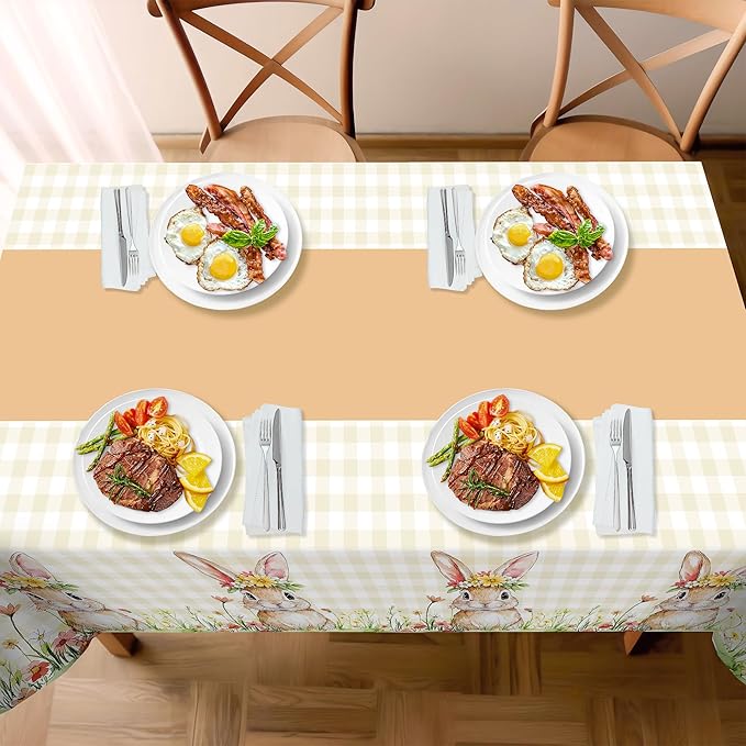 Childom 2 Pack Easter Tablecloth,Easter Decorations 54" x 108" Disposable Plastic Tablecloth,Bunny Table Cloth Checkered Decorations,Plastic Table Cover for Party Supplies,Indoor,Outside,Home,Dinner