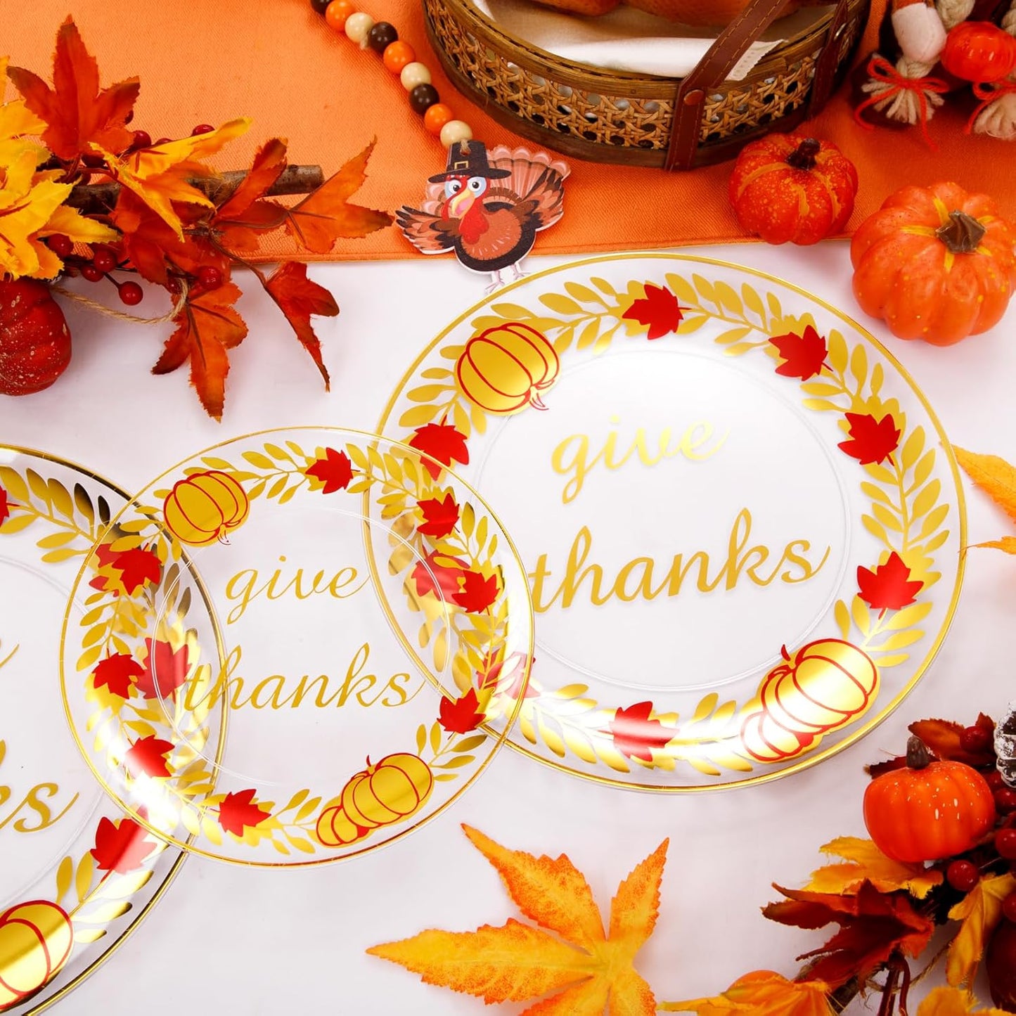 Rubtlamp 60 Pcs Thanksgiving Plastic Plates, Clear Gold Disposable Plates, Red Gold Thanksgiving Party Plates Includes 30 Pcs 10.25” Gold Dinner Platos, 30 Pcs 7.5”Clear Dessert Platos for Autumn