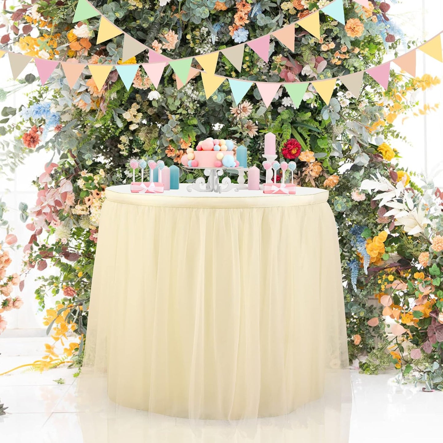 Suppromo Ivory Tulle Table Skirts for Wedding 14ft Tutu Table Skirt Ivory Table Cloth for Bridal Shower Birthday Party Baby Shower Gender Reveal Banquet Decorations