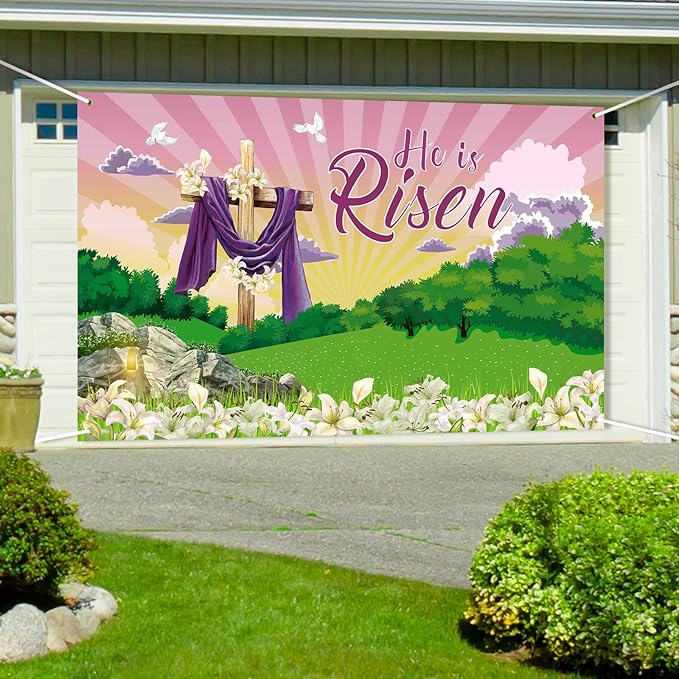 Large He is Risen Easter Banner Decorations Flag Outdoor 72x44 Inch, Cross Sign Christian Jesus Lily Flowers Banner for Indoor Home House Decor Party Supplies, Spring Yard Sign Background for Photography