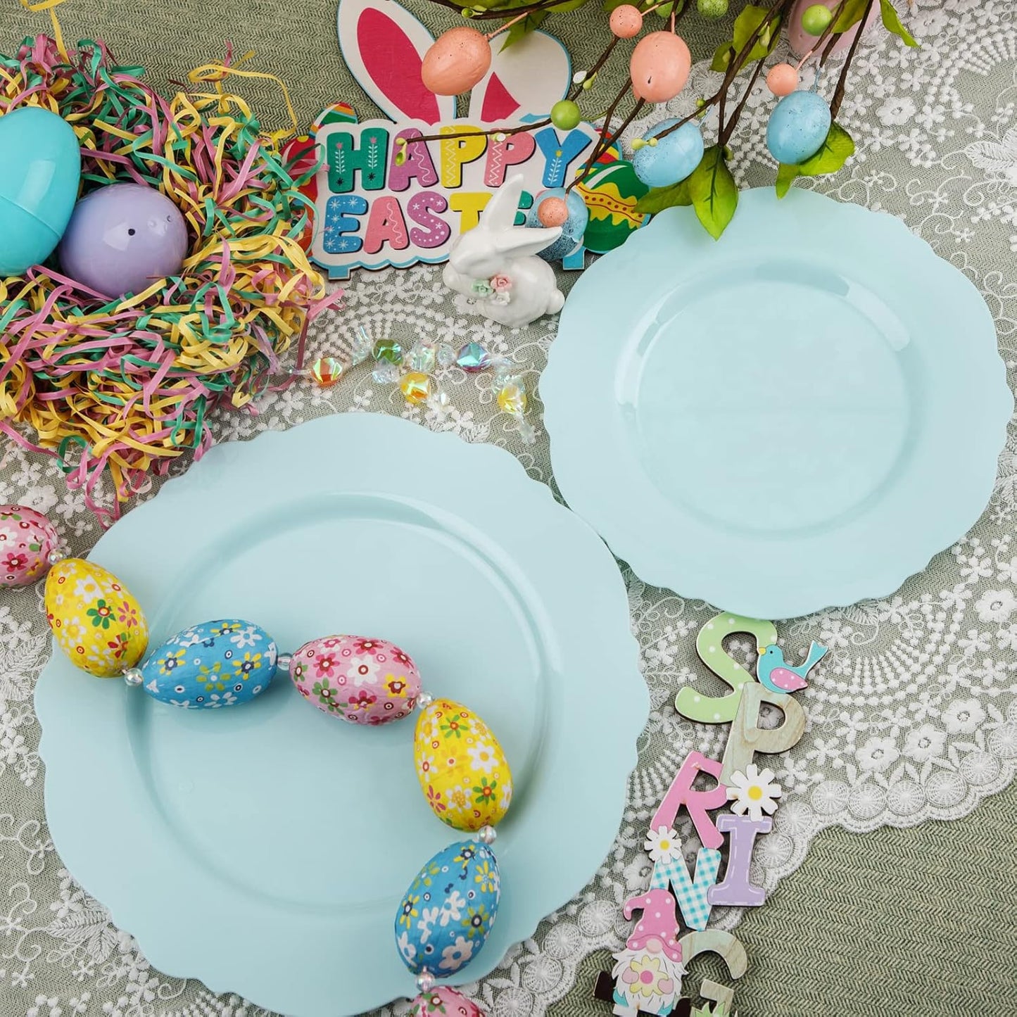 WDF 60pcs Mint Green Plastic Plates - Baroque Dinner Plates Including 30 Green Plates Disposable10.25inch, 30 Dessert Plates 7.5inch for Upscale Wedding, Parties