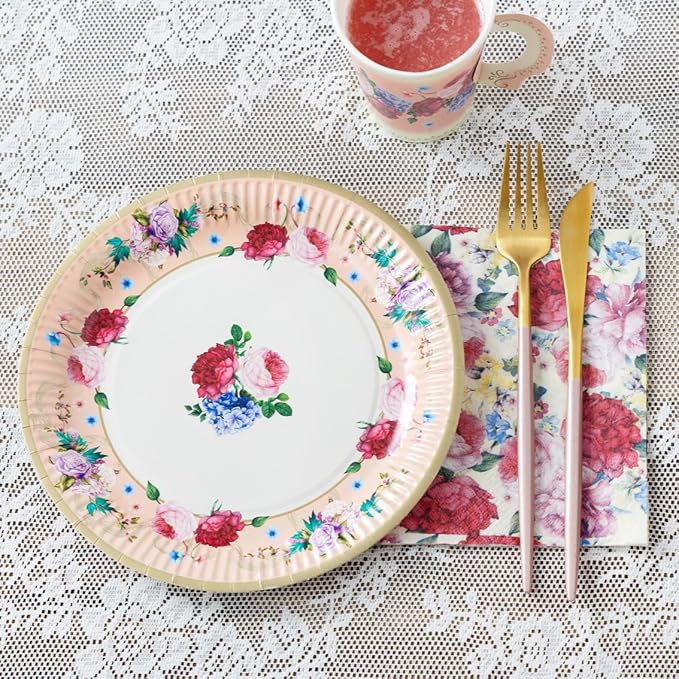 Talking Tables 50pcs Floral Afternoon Tea Party Decorations Tea Party Set Pretty Paper Plates Floral Napkins Tea cups Bunting for Birthday Mother's Day Bridal Shower Baby Shower for 16 Guests