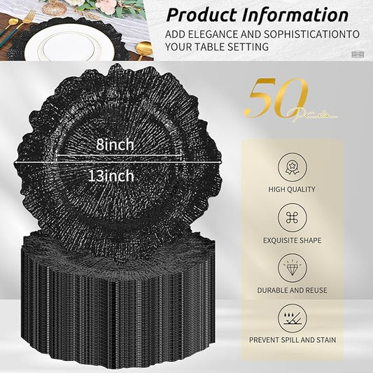 50Pcs Black Charger Plates Round 13inch, Reef Plate Chargers for Dinner, Bulk Plastic Floral Table Charger Plates for Dinner Wedding Party Event Table Setting Decoration(Black)