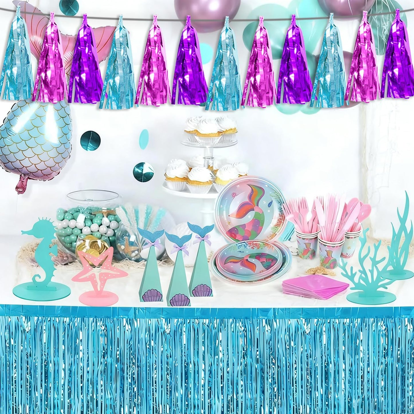 4P Lake Blue Purple-Hot Pink Tassel Banner Garland Metallic Foil Fringe Banner Tinsel Tassels Streamer Banner Backdrop for Parade Floats,Graduation Decorations, Wedding Party Decoration