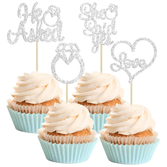 Gyufise 24 Pack Silver Glitter He Asked She Said Yes Cupcake Toppers Diamond Ring Heart Cake Picks for Wedding Engagement Party Cake Decorations