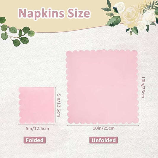 100 Pcs Pink Napkins Scalloped Edged Dessert Cocktail Napkins Folded 5 x 5 Inches Disposable Napkins for Dinner Wedding Birthday Party