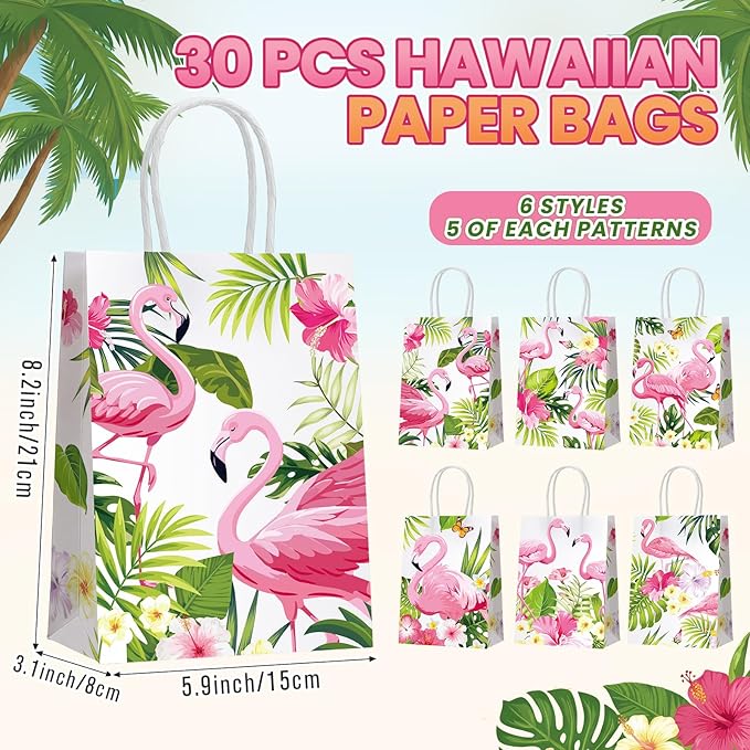 Resholder 30 Pcs Flamingo Gift Bags with Handles Aloha Hawaiian Tropical Party Favors Pouch Luau Palm Tree Goodie Paper Bags Flamingo Portable Candy Treat Pouch for Birthday Beach Pool Party Supplies
