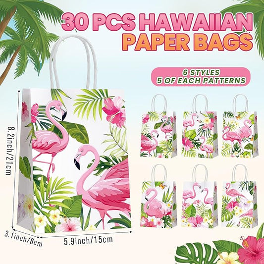 Resholder 30 Pcs Flamingo Gift Bags with Handles Aloha Hawaiian Tropical Party Favors Pouch Luau Palm Tree Goodie Paper Bags Flamingo Portable Candy Treat Pouch for Birthday Beach Pool Party Supplies