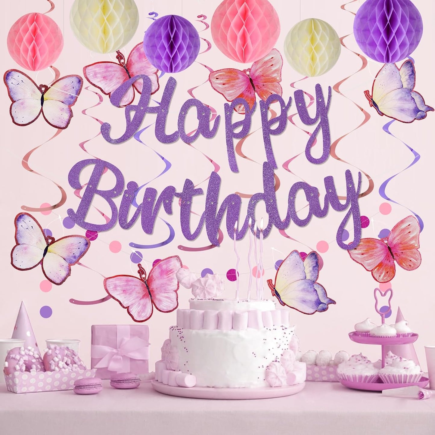 Birthday Decorations, NO DIY, Pre-Strung Happy Birthday Banner with Honeycomb Balls, Hanging Swirls, Circle Dots Garland, Happy Birthday Party Decorations for Women Men Boys Girls (Purple)
