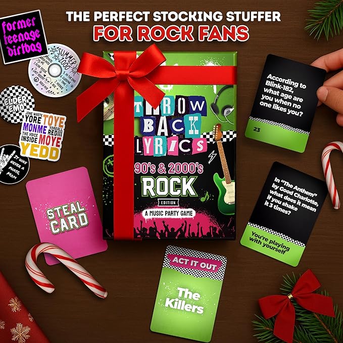 Throwback Lyrics The 90s & 2000s Rock Music Trivia Game with Charades | Finish The Lyrics + Steal Cards | Includes Playlist & Stickers | Adult Party Game Night- 250 Cards