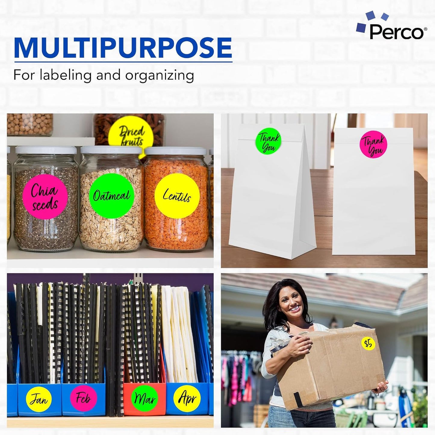 Perco 3-Inch Perforated Circle Dot Sticker Labels — 10 Rolls, 5,000 Round Fluorescent Stickers (4 Green, 3 Yellow, 3 Pink)—with Permanent Adhesive for Moving Boxes, Sale Signage, Displays—Made in USA