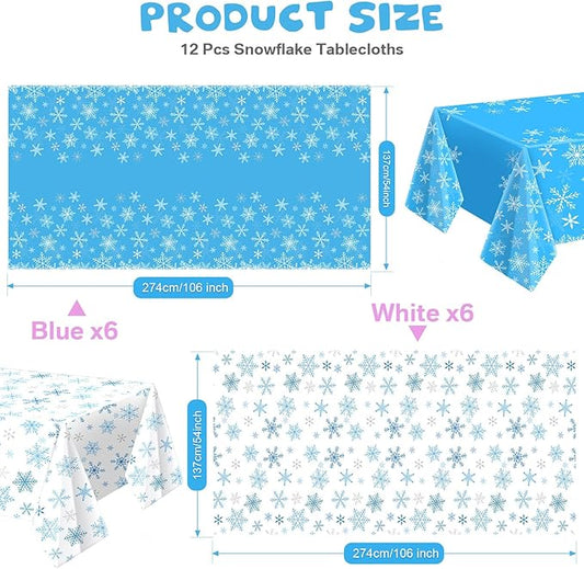 Peryiter 12 Pcs Winter Snowflake Plastic Tablecloth Decorations, Christmas Wonderland Disposable Table Cover 54 x 108 Inch Blue and White Dining Table Cover for Winter Holiday Theme Party Supplies