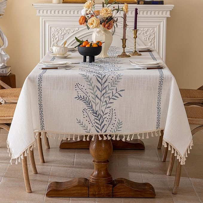 Joyfol Day Rustic Waterproof Linen Tablecloth, Heavy Weight Fern Embroidery Table Cloths for Rectangle Tables, Farmhouse Spill-Proof Table Covers with Tassels, Blue 55''x 120''