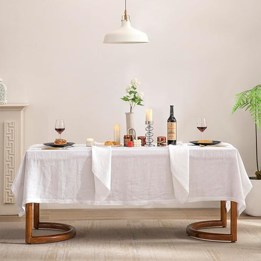 EVERLY Pure Linen Hemstitch Tablecloth,100% Stonewashed French Linen tablecloths for Kitchen Dining Rectangle Tables,60x132Inch Machine Washable Christmas Thanksgiving Organic Tablecloth-White