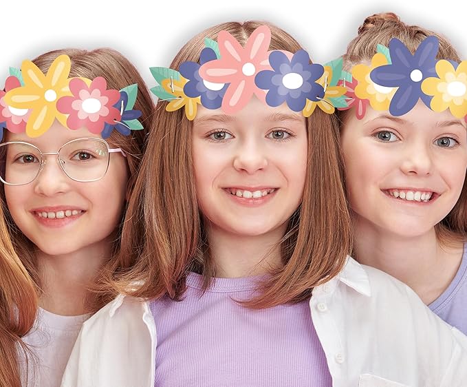Big Dot of Happiness Paper Flower Crowns, Colorful Floral Tiara Headbands for Girls' Birthday Party, DIY Boho Party Hat Favors, 16 Count