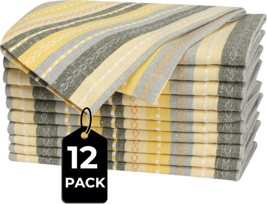 Cloth Napkins Set of 12 – 100% Cotton Dinner Napkins 18x18 Inch – Yellow Multi Color, Machine Washable, Reusable – Ideal for Weddings, Parties, Restaurants