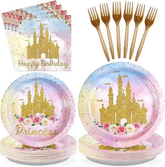 Grencian 96Pcs Princess Birthday Party Supplies Princess Birthday Plates and Napkins Tableware Sets Watercolor Pastel Rainbow Castle Decorations for Girls Baby Shower Fairytale Party Favors Serves 24