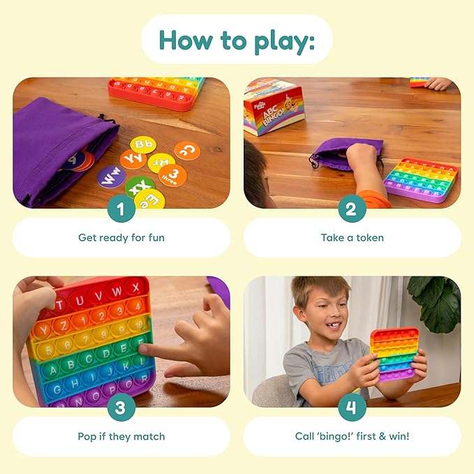 The Fidget Game ABC Bingo, Games for Kids - Six Educational Alphabet Bingo Popping Mats for Preschool, Toddlers, Kindergarten - Learning Activities for 2-6 Players 3+ Years