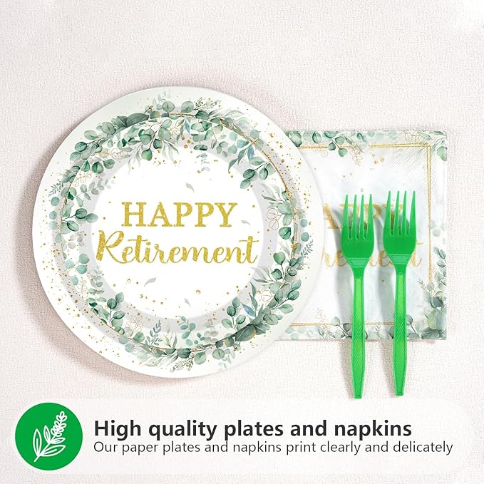 Grencian 200Pcs Sage Green Retirement Party Decorations Greenery Happy Retirement Plates and Napkins Gold Green Retire Tableware Set for Women Men Teachers Goodbye Going Away Party Supplies Serves 50
