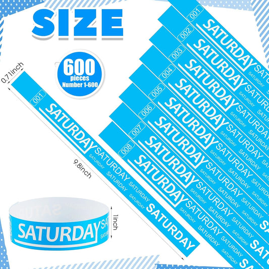 Henoyso 600 Pcs Saturday Paper Wristbands Event Admission Paper Bracelets Numbered Waterproof Party Armbands for Events Day of The Week(Blue)