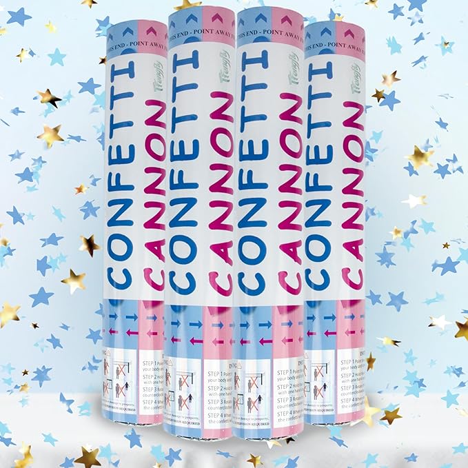 4 Pack Gender Reveal Confetti Cannon, 12 in Blue Star Shaped Paper Party Poppers Cannons, Confetti Poppers For Baby Boy Gender Reveal Baby Showers (Star, Blue)
