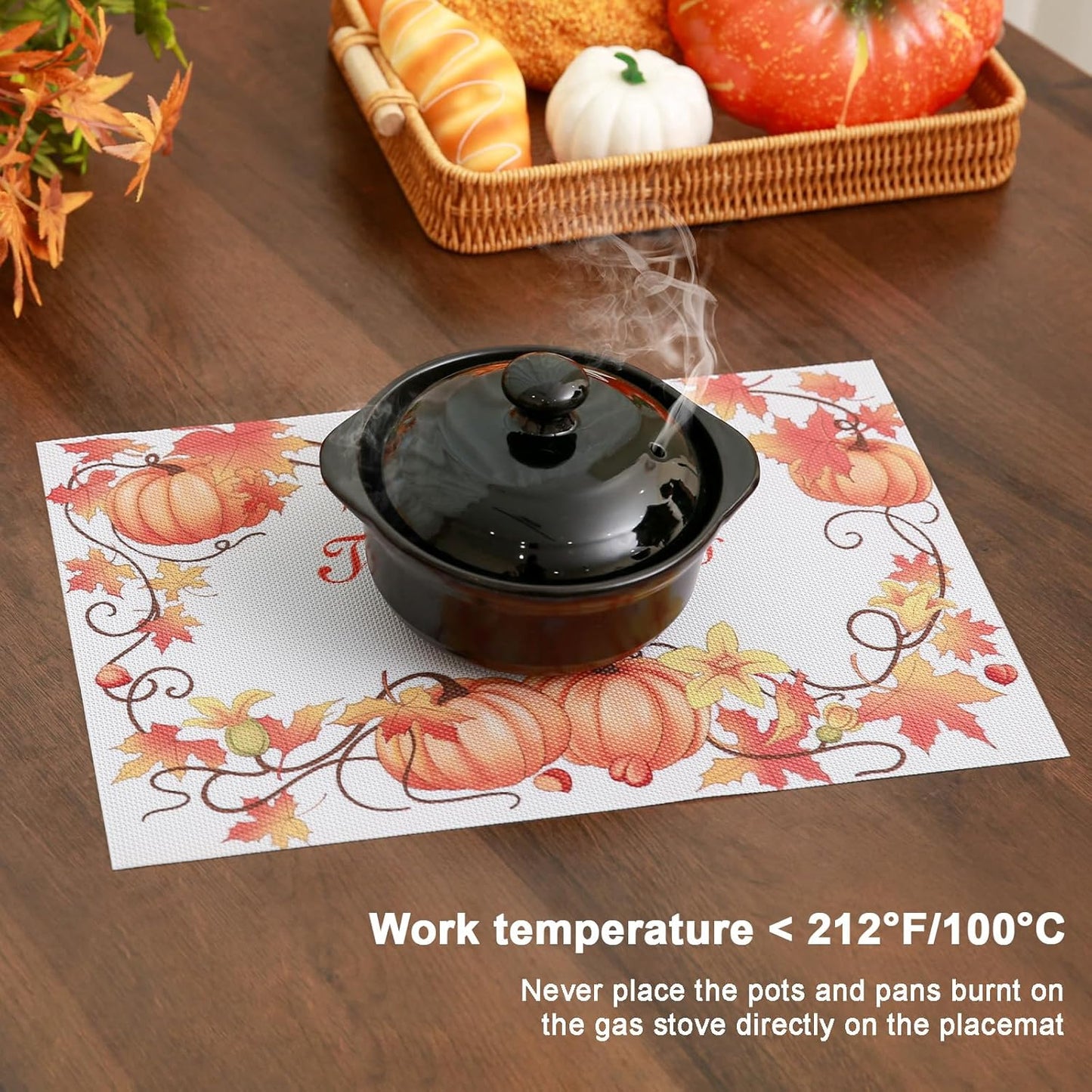 Thanksgiving Placemats Set of 4 Fall Place Mats Pumpkin Maple Leaves Table Mats Washable Non-Slip Heatproof Woven Placemats for Dining Table (17.7" X 11.8")