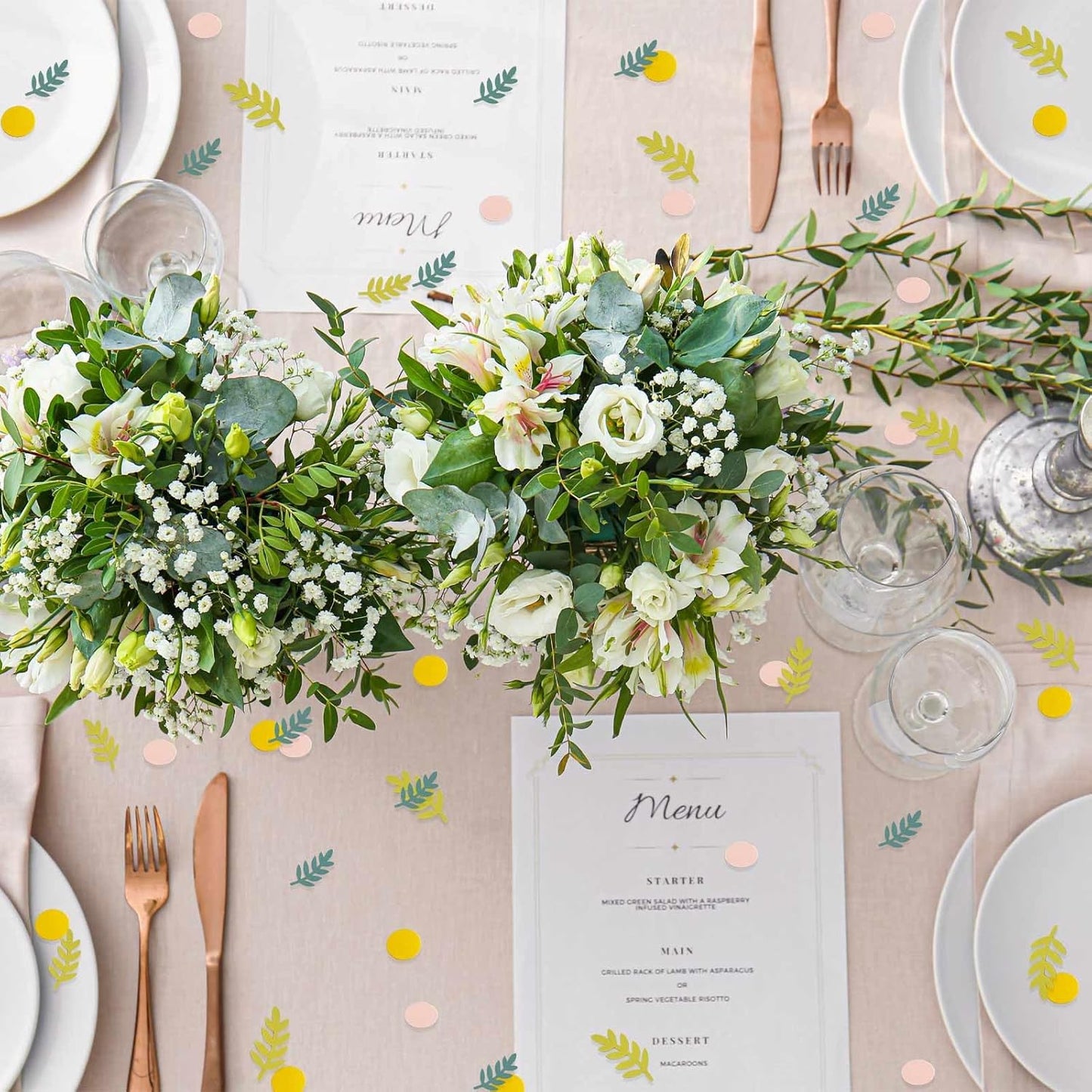 200 Pcs Baby Shower Table Decorations, Greenery Golden Eucalyptus Confetti, Yellow Green Branches Scatter, Bridal Shower Decor, Wedding Table Decorations