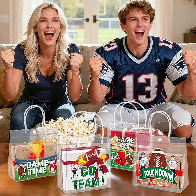 H1vojoxo Football Party Gift Bags - 24PCS Football Clear PVC Gift Bags with Handle Reusable Rugby Sports Goodie Bag for Boys Birthday Rugby Tote Bag for Snack Large Candy Treat Ball Themed Party Favor