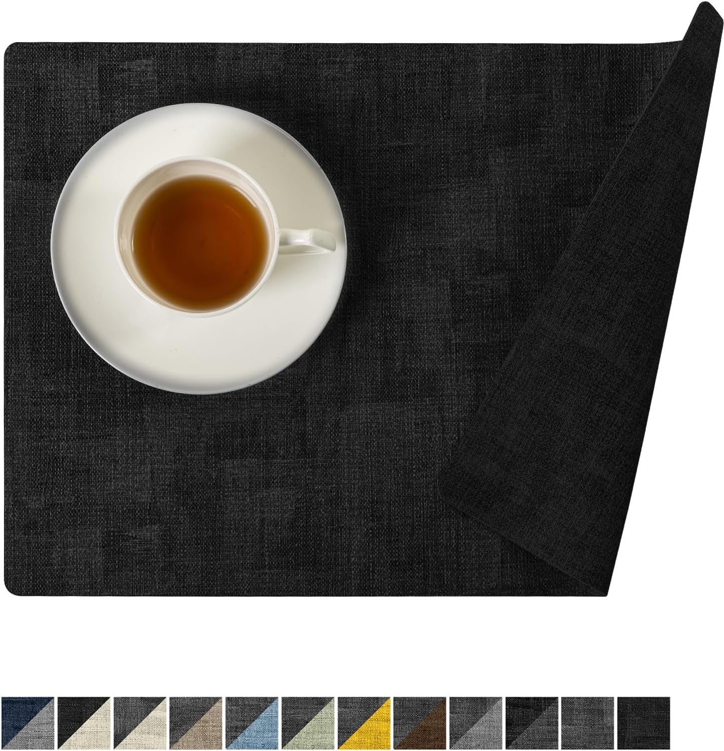 Romanstile Vinyl Placemats Set of 6-12 x 17 Inch - Heat Resistant Place Mats 100% Waterproof Oilproof Wipeable Reversible Faux Leather Table Mats for Kitchen/Dining/Party/Holiday, Black