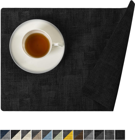 Romanstile Vinyl Placemats Set of 6-12 x 17 Inch - Heat Resistant Place Mats 100% Waterproof Oilproof Wipeable Reversible Faux Leather Table Mats for Kitchen/Dining/Party/Holiday, Black
