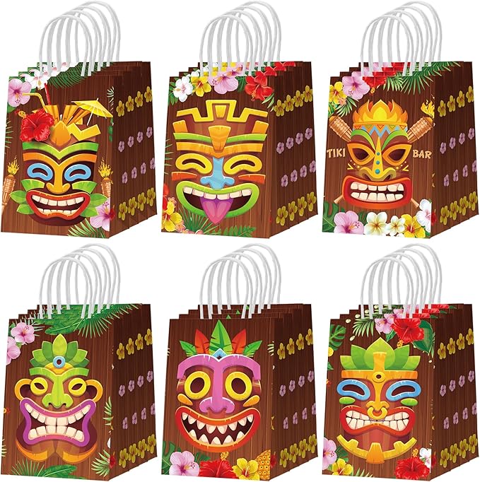 Resholder 30 Pcs Hawaiian Aloha Gift Bags Tiki Luau Party Favor Paper Bags with Handle Tropical Tiki Face Portable Candy Treat Goodie Pouch for Hawaii Summer Festival Party Supplies Baby Shower Decor