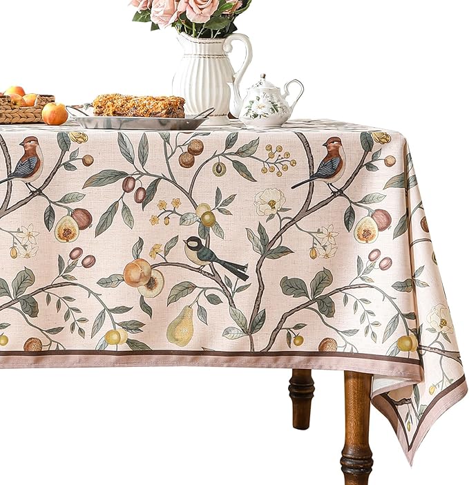 Linen Table Cloth Rectangle,Wrinkle Resistant French Pink Tablecloth Print with Froal,Decor Stitch Table Cloth for Thanksgiving,Dining Room,Home,Kitchen 63" × 102"-Dewey A