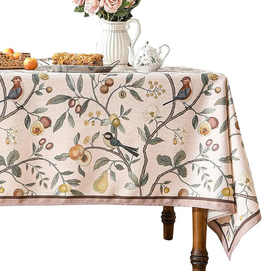 Linen Table Cloth Rectangle,Wrinkle Resistant French Pink Tablecloth Print with Froal,Decor Stitch Table Cloth for Thanksgiving,Dining Room,Home,Kitchen 67" × 118"-Dewey A