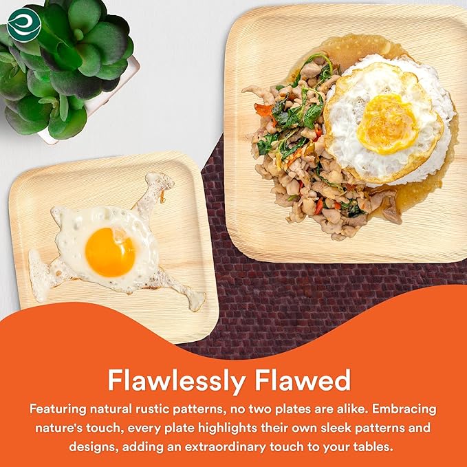 ECO SOUL 7&10 Inch Disposable Palm Leaf Bundle Plates [100 Pack] Premium Food-Safe Heavy Duty Compostable Bamboo Paper Plates for Lunch, Dinner, Weddings, Party, Camping & Catering Events [Square]