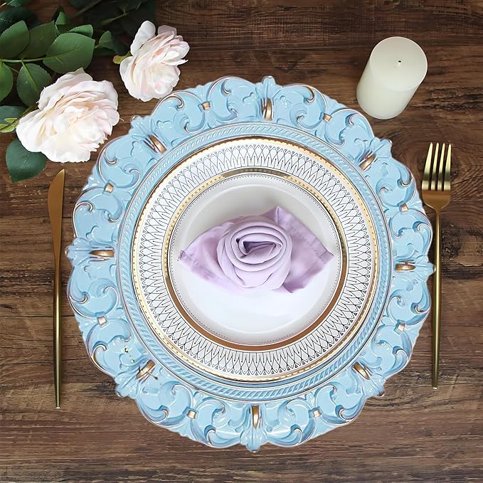 6 Pack Blue Charger Plates 13" Round Charger Plates for Dinning Plates with Embossed Rim Plastic Charger for Dinner, Wedding, Elegant Tableware Decor