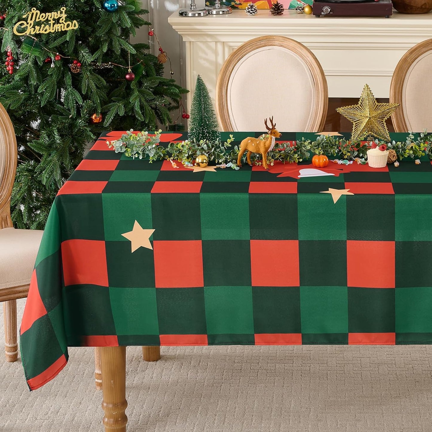 Christmas Tablecloth Rectangular 60x84 Inch Waterproof, Machine Washable Checkered Polyester Table Cover for Xmas Party, Winter Holiday Home Decoration in Festive Checkered Star 1pack