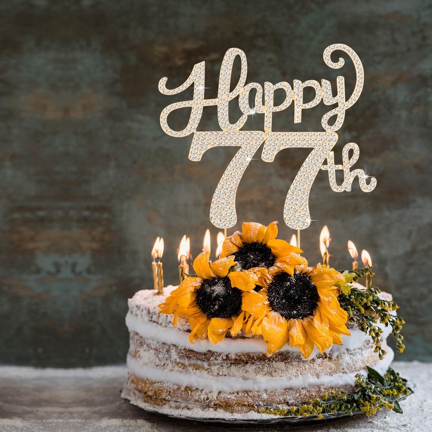 Happy 77th Birthday Decorations,77th Birthday Gold Rhinestone Cake Topper - Cheers to 77 Years Old Bday Party Metal Sparkly Cake Centerpieces Sign.