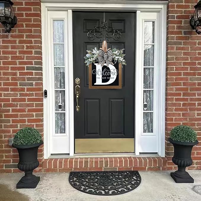 Last Name Year Round Front Door Wreath Front Porch Decoration 26 Letter Welcome Sign with Eucalyptus Garland and Bow Spring Wreaths for Front Door Outside Hanger Garland (D)