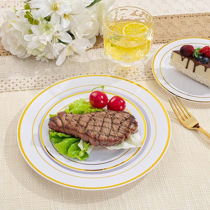 100PCS Gold Plastic Plates, 10 Inch Plates Disposable Dinner Plate Party with Gold Rim, Heavy Duty Disposable Plastic Plate for Party, Wedding and Birthday