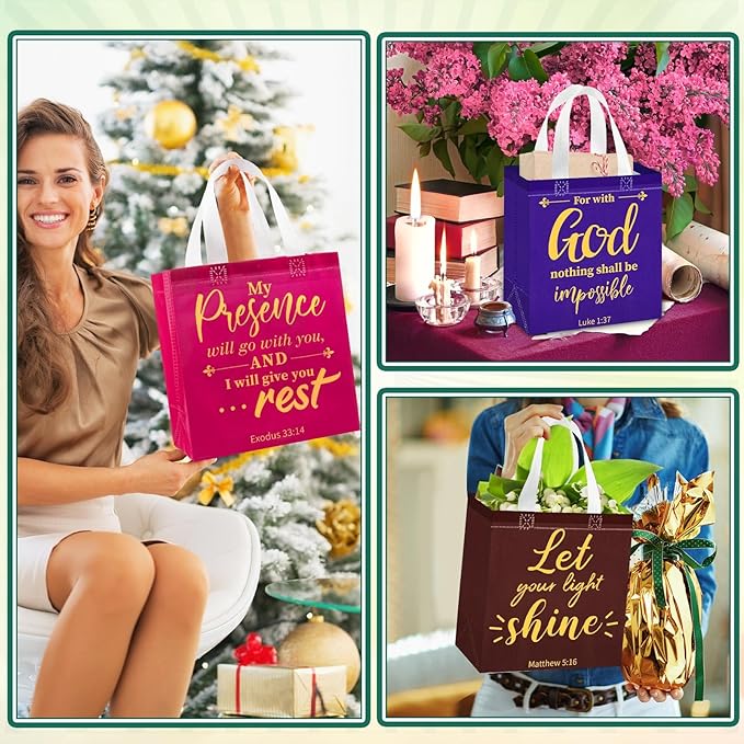 HunnmingRe 32 Pcs Christian Gift Bags Bulk, Easter Reusable Religious Bible Verse Tote with Handles Non Woven Scripture Pastor Blessing Gift for Baptism Church Wedding Favors