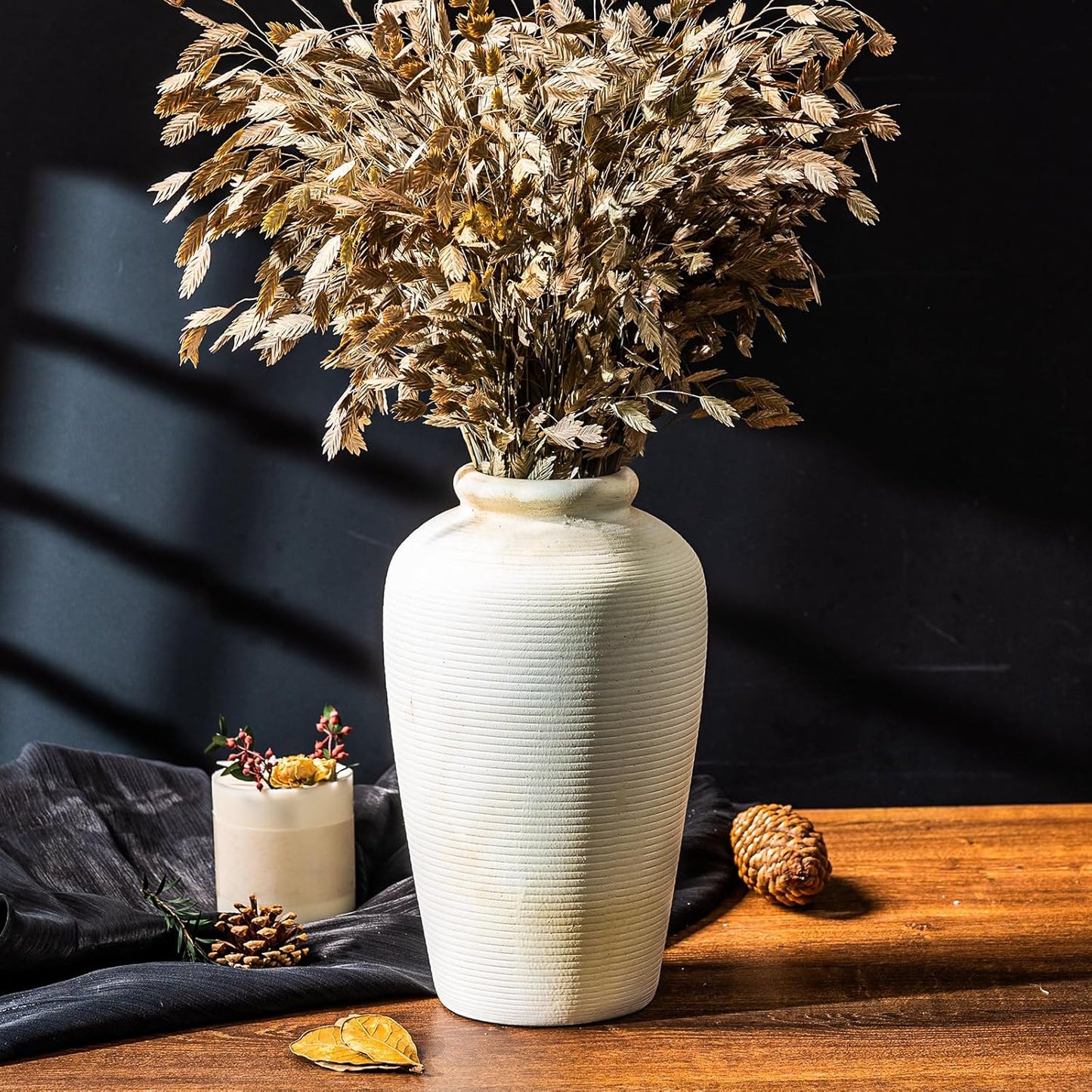 Rustic Ceramic Flower Vase, Small Decorative Terracotta Boho Vase for Living Room, Table Centerpiece, Shelf Decor, Farmhouse, Entryway - 11 Inch Tall, Vintage White