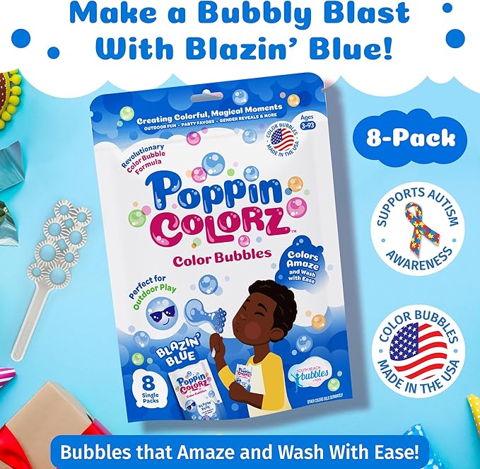 PoppinColorz Blazin' Blue Stain-Free Bubbles Party Favors – 8-Pack for Kids with Wands, Non-Toxic Party Favor for Birthday, Gender Reveal & Outdoor Fun – Bubbles Made in USA