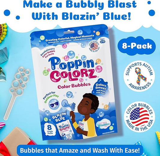 PoppinColorz Blazin' Blue Stain-Free Bubbles Party Favors – 8-Pack for Kids with Wands, Non-Toxic Party Favor for Birthday, Gender Reveal & Outdoor Fun – Bubbles Made in USA