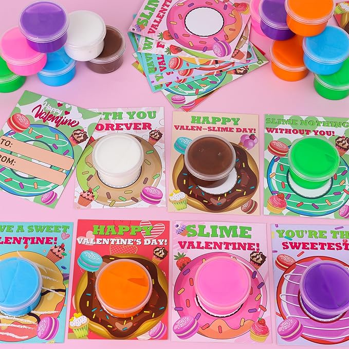 28 Pack Valentines Day Gifts for Kids Classroom, Butte Slime Kit Valentines Cards for Kids School Class Valentines Day Slime Fidget Toys Valentines Exchange Cards Valentines Party Favors Boys Girls